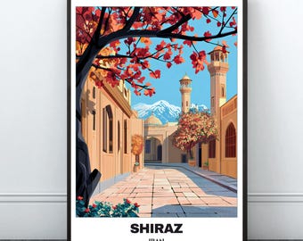 May include: A colorful illustration of a street scene in Shiraz, Iran. The image features a narrow street lined with buildings, a tree with red leaves, and a mosque with two minarets. The text "SHIRAZ" and "IRAN" is printed at the bottom of the image.