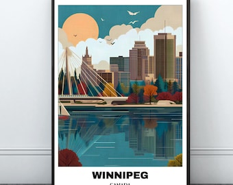 May include: A framed art print featuring a stylized illustration of Winnipeg, Canada. The artwork depicts a cityscape with a bridge, buildings, and a river reflecting the scene. The text "WINNIPEG CANADA" is at the bottom, with a sun and birds in the sky.