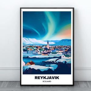 Reykjavik Travel Printable Poster - Iceland Travel Poster -Cityscape Painting -Digital Print Wall Art -Home Decor -Reykjavik Northern Lights