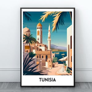 Affiche imprimable de voyage en Tunisie - Impression de voyage en Tunisie - Peinture de cape de ville - Impression d'art mural numérique - Décoration d'intérieur en Tunisie - Affiche de Tunisie