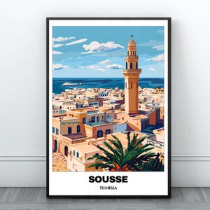 Poster imprimable de voyage à Sousse - Poster de voyage en Tunisie - Peinture de paysage urbain - Impression d'art mural numérique - Décoration d'intérieur de Sousse - Impression de voyage en Tunisie