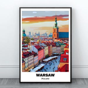 May include: A colorful illustration of the Warsaw skyline, featuring a tall church steeple and red-roofed buildings. The text "WARSAW" and "POLAND" is printed below the image.
