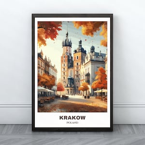 Poster imprimable de voyage de Cracovie - Pologne - Poster de voyage - Peinture de Cracovie - Peinture de paysage urbain - Déco murale d'art - Voyage en Pologne - Cadeau pour les amateurs de voyage