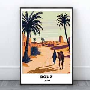 Poster imprimable de voyage Douz - affiche de voyage en Tunisie - peinture de paysage urbain - impression d'art mural numérique - décoration d'intérieur Douz - impression voyage dans le désert de Saraha