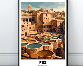 Fez Travel Printable Poster - Morocco Travel Poster - Citycape Painting - Digital Wall Art Print - Fez Home Decor - Chouara Tanneries Print