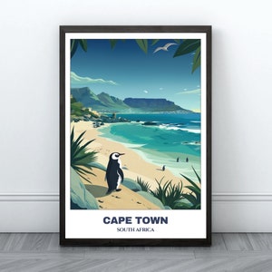 May include: A colorful illustration of a penguin standing on a beach with Table Mountain in the background. The text "CAPE TOWN" and "SOUTH AFRICA" is below the image.