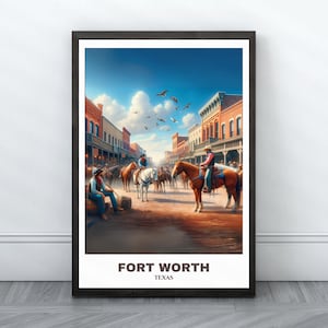 Affiche imprimable de voyage de Fort Worth - affiche de voyage du Texas - peinture de la ville de Fort Worth - paysage urbain - oeuvre d'art murale de voyage - chantiers de stockage - impression western