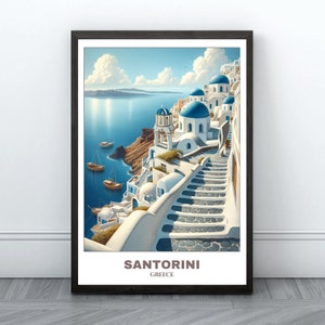 Póster imprimible de viaje a Santorini - Póster de viaje a Grecia - Pintura de paisaje urbano - Arte mural con impresión digital - Decoración del hogar de Santorini - Viaje a Santorini