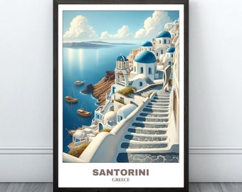 Póster imprimible de viaje a Santorini - Póster de viaje a Grecia - Pintura de paisaje urbano - Arte mural con impresión digital - Decoración del hogar de Santorini - Viaje a Santorini