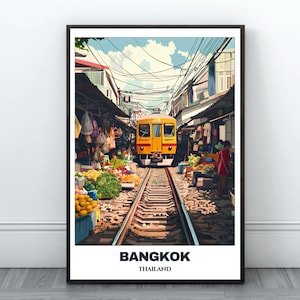 Bangkok Travel Printable Poster - Thailand Travel Poster - Citycape  - Digital Print Wall Art - Bangkok Home Decor -Mae Klong Railway Market