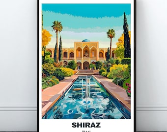May include: A colorful illustration of a building with a pool in front of it. The building is yellow and has a blue dome. The pool is blue and has a fountain in the middle. The text "SHIRAZ" and "IRAN" is at the bottom of the image.
