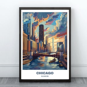 Póster imprimible de la ciudad de Chicago - Póster de viaje a Illinois - Pintura de paisaje urbano - Arte de pared con impresión digital - Decoración de habitación con arte de viaje - Regalo para ella