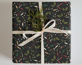 Wrapping Paper: Christmas Festive Black wrapping with Green Hollies and Red Berries Design | Gift Wrap | Holiday | Christmas