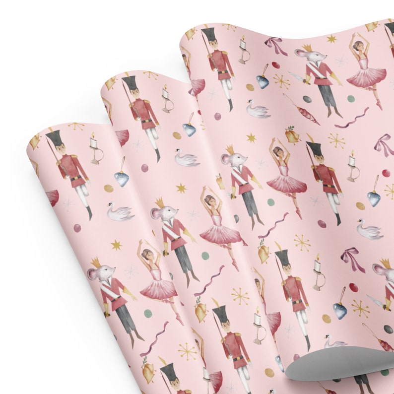 Wrapping Paper: Pink Nutcracker Design with Mice Kings, Ballerinas, Swans, and Nutcrackers | Gift Wrap | Christmas | Ballet Recitals