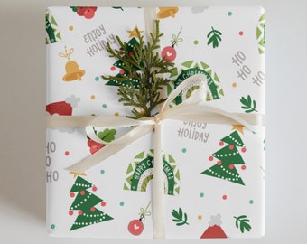 Wrapping Paper: Jingles Christmas - Festive Trees, Bells, Ornaments, and 'Ho Ho Ho' | Gift Wrap | Christmas | Holiday