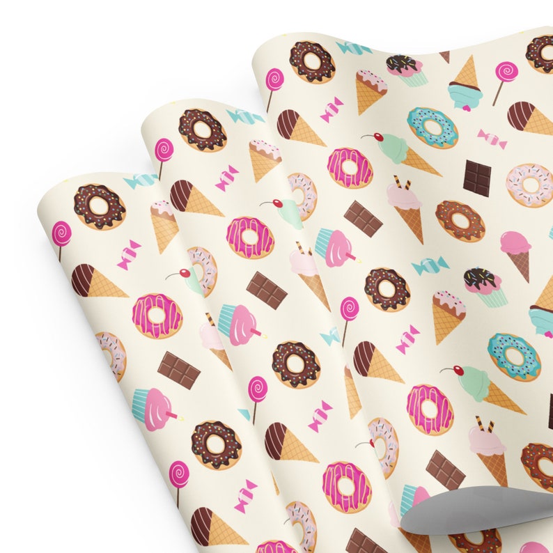 Sweet Celebration: Festive Birthday Wrapping Paper with Ice Cream Cones, Donuts, Chocolate Bars, Candy, and Lollipops