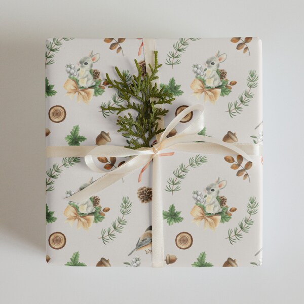 Wrapping Paper: Woodland Charm with Bunnies, Leaves, Birds & Pink Bows | Gift Wrap | Birthday | Baby Shower | Anniversary