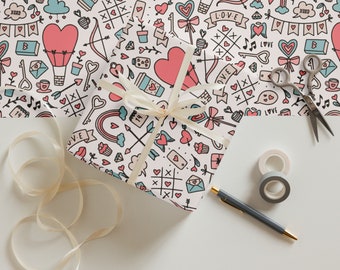 Wrapping Wrapping: Vintage Valentine's Wrapping Paper Sheets with Heart Balloons and Romantic Designs | Gift Wrap | Holiday
