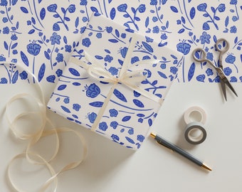 Wrapping Paper: White with Antique Blue Floral Design | Gift Wrap | Birthday | Wedding | Anniversary