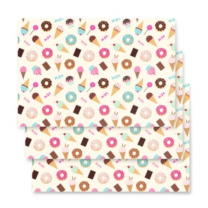 Sweet Celebration: Festive Birthday Wrapping Paper with Ice Cream Cones, Donuts, Chocolate Bars, Candy, and Lollipops