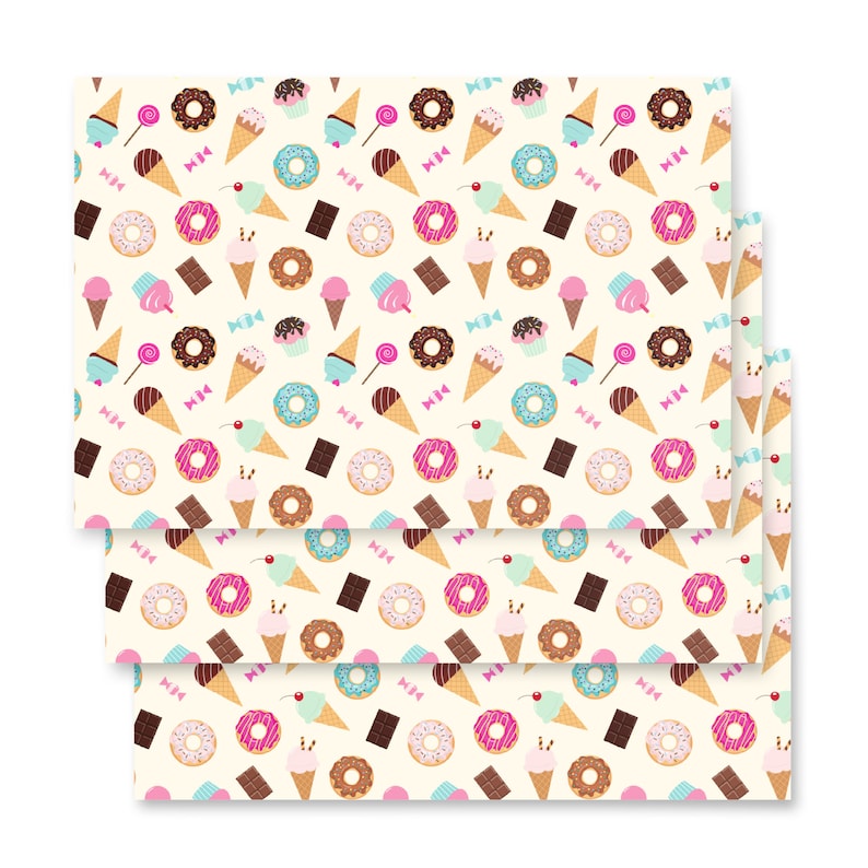 Sweet Celebration: Festive Birthday Wrapping Paper with Ice Cream Cones, Donuts, Chocolate Bars, Candy, and Lollipops