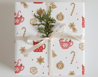 Wrapping Paper: Gingerbread Cookies, Candy Canes, and Red Mug with Hot Cocoa | Gift Wrap | Christmas | Holiday