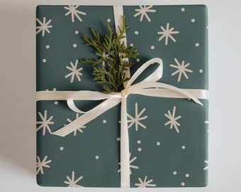 Wrapping Paper: Dark Green Background with Twinkling Snowflakes | Gift Wrap | Christmas | Winter | Holiday