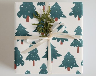 Wrapping Paper: Cream background with Snowy Christmas Trees Design | Gift Wrap | Christmas | Winter | Holida