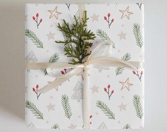 Wrapping Paper: Holiday Magic Christmas Trees, Stars, Red Flowers, and Green Leaves | Gift Wrap | Holiday Wrapping
