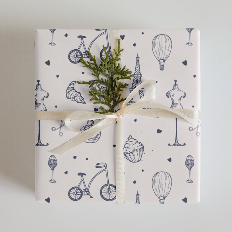 French-Inspired Wrapping Paper Sheets: Eiffel Towers, Hot Air Balloons, Cupcakes, and Croissant Delights | Parisian Chic Gift Wrap Designs