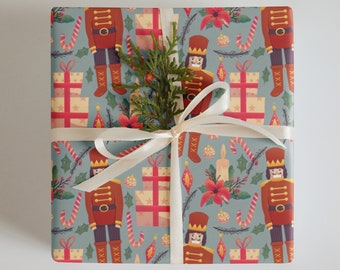 Wrapping Paper: Christmas Nutcrackers, Presents, Festive Poinsettia | Gift Wrap | Holiday | Festive