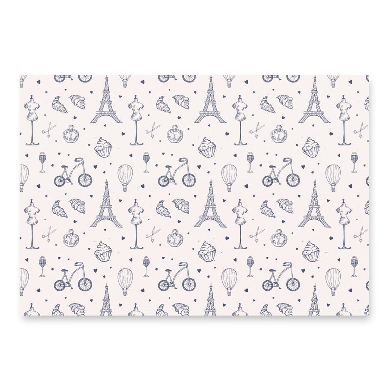 French-Inspired Wrapping Paper Sheets: Eiffel Towers, Hot Air Balloons, Cupcakes, and Croissant Delights | Parisian Chic Gift Wrap Designs