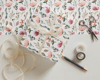 Wrapping Paper: Floral Print with Green Leaves and Pink Flowers | Gift Wrap | Birthday | Wedding | Mother's Day