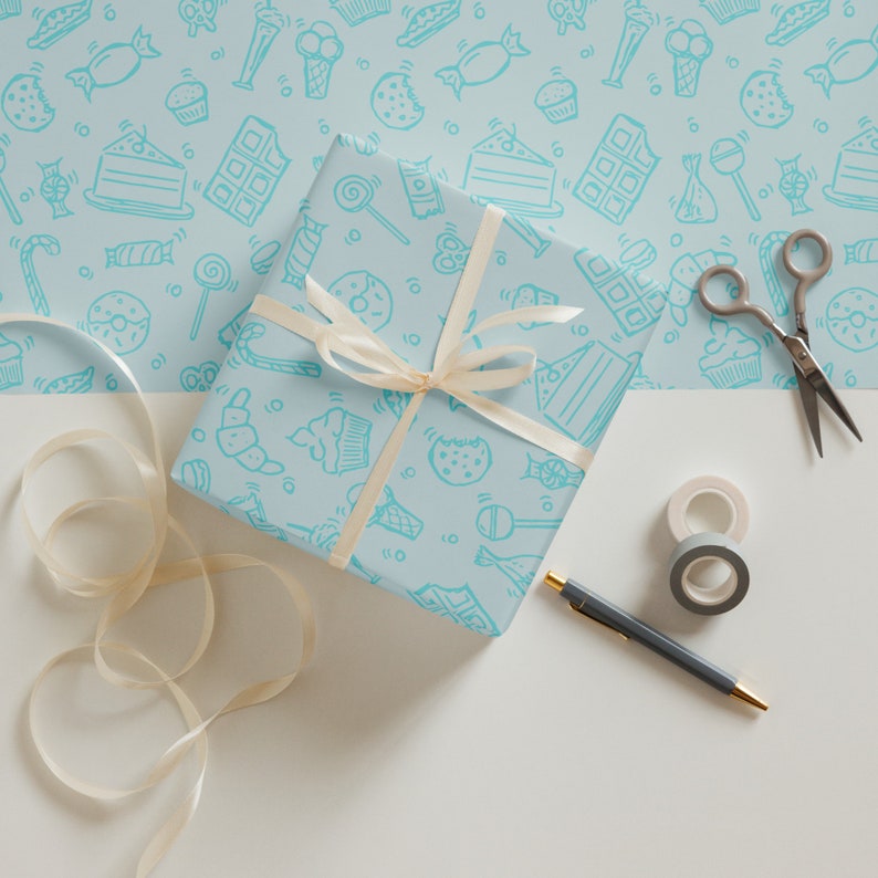 Delightful Blue Wrapping Paper with Sweet Treats - Perfect for Birthdays & Celebrations!