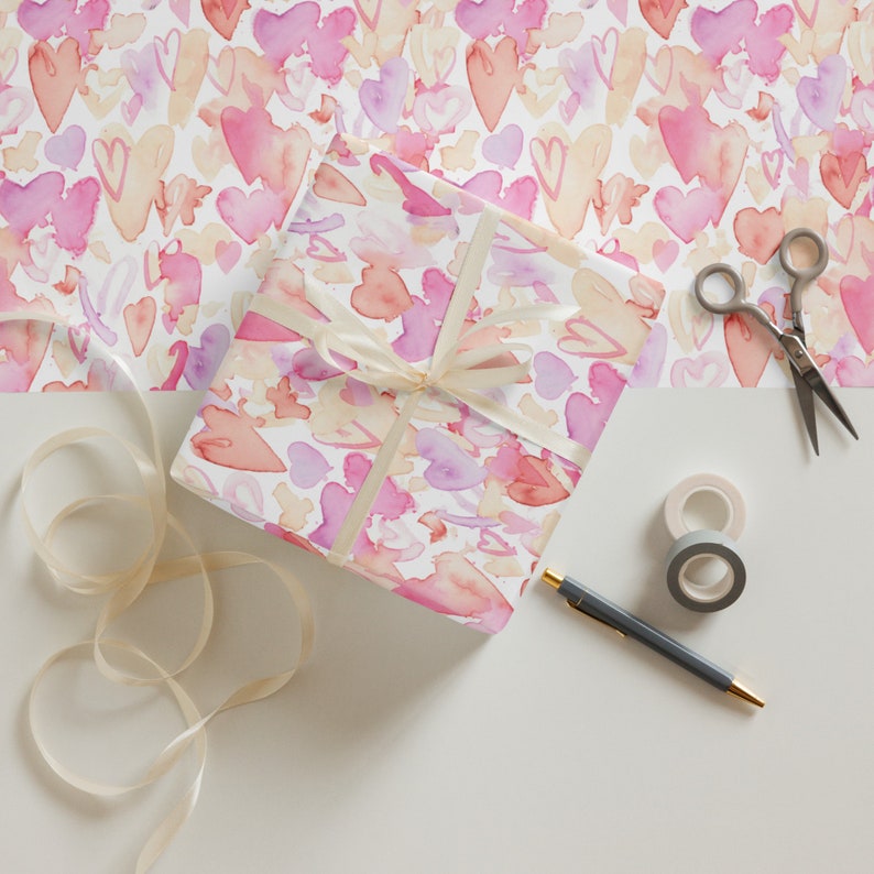 Romantic Watercolor Hearts Wrapping Paper Sheets for Festive Occasions | Gift Wrap for Birthdays, Anniversaries, and More!