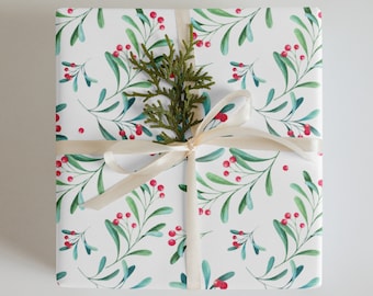 Wrapping Paper: Christmas Festive Leaves and Red Berries | Gift Wrap | Holiday | Nature Inspired