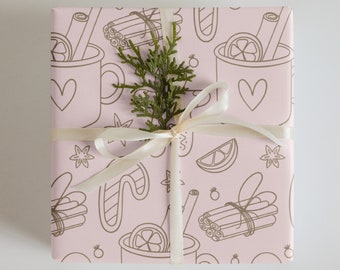 Wrapping Paper: Christmas Pink with Apple Cider, Snowflakes, Candy Canes, and Cinnamon Sticks | Gift Wrap | Holiday | Christmas