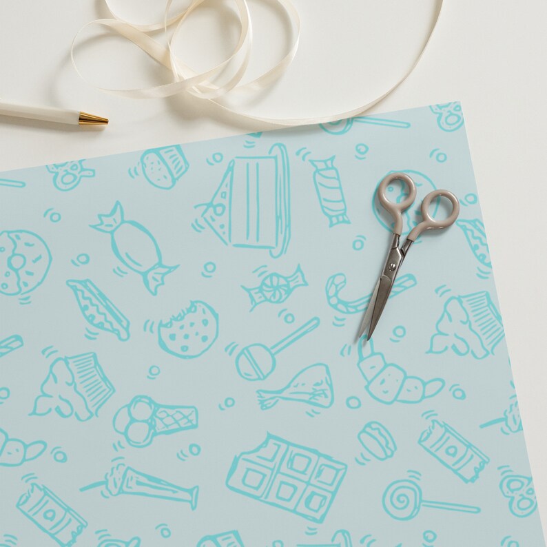 Delightful Blue Wrapping Paper with Sweet Treats - Perfect for Birthdays & Celebrations!