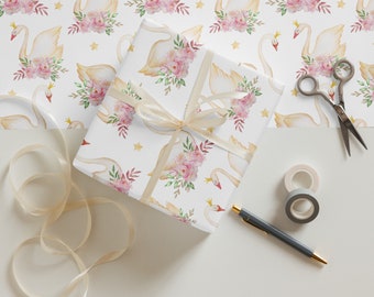 Wrapping Paper: White Crowned Swan and Pink Floral | Gift Wrap | Christmas | Holiday | Baby Shower | Birthday