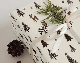 Wrapping Paper: Woodland - Deer, Owls, and Christmas Trees | Gift Wrap | Christmas | Holiday