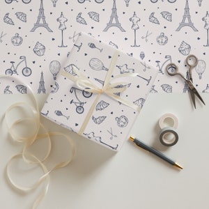 French-Inspired Wrapping Paper Sheets: Eiffel Towers, Hot Air Balloons, Cupcakes, and Croissant Delights | Parisian Chic Gift Wrap Designs