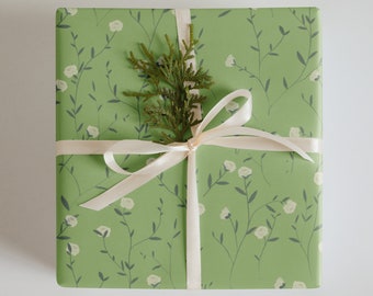 Wrapping Paper: Green Floral and White Flowers on Green Background | Gift Wrap | Birthday | Anniversary | Wedding