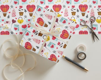 Wrapping Paper: Valentines Heart Hot Air Balloons, Love Locks, and Love Letters with Feb 14 Date | Gift Wrap | Holiday