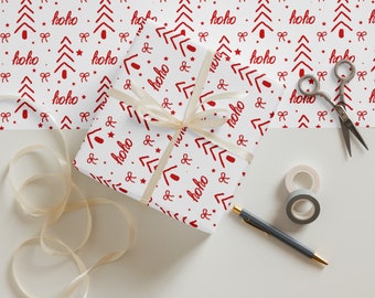 Wrapping Paper: Festive Red Christmas Tree Outlines with 'Ho Ho Ho' and Bows | Gift Wrap | Christmas | Holiday