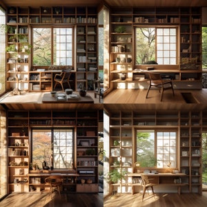 Puede incluir: Una habitación con cuatro escritorios de madera idénticos con estanterías incorporadas. Cada escritorio tiene una ventana con vista a los árboles y una silla. Los escritorios están hechos de madera clara y tienen un diseño sencillo.
