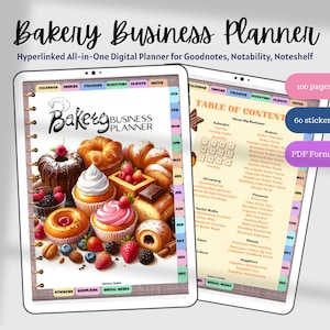 May include: Digital bakery business planner displayed on two tablets. The planner features a colorful design with images of baked goods. Text includes "Bakery Business Planner" and "Hyperlinked All-in-One Digital Planner". Includes 100 pages and 60 stickers.