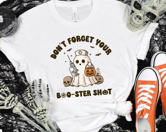 Spooky Pharmacy Tech Halloween Shirt Gift For Technician, Vet Tech Ghost Boo Vaccine TShirt, Funny Fall Coffee Skeleton Nurse Crewneck