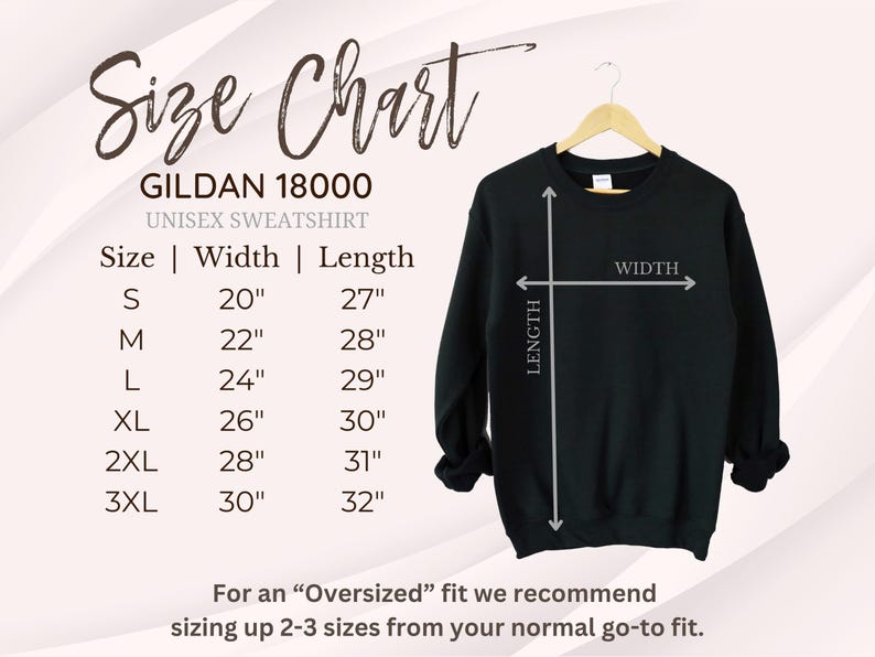 K&ouml;nnte beinhalten: Gr&ouml;&szlig;entabelle f&uuml;r ein Gildan 18000 Unisex-Sweatshirt. Die Tabelle zeigt die Breite und L&auml;nge in Zoll f&uuml;r die Gr&ouml;&szlig;en S bis 3XL. Die Tabelle enth&auml;lt auch ein schwarzes Sweatshirt mit den Worten "L&Auml;NGE" und "BREITE" darauf.