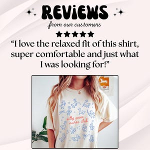 May include: Cream-colored t-shirt with blue goose illustrations and the text "silly goose nurse club." The shirt features a relaxed fit and is made of a soft, comfortable material. The image also includes customer reviews.