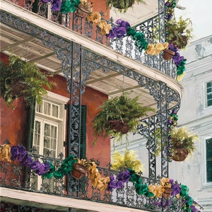 New Orleans Balcony Painting | New Orleans Mardi Gras Painting | French Quarter Art Print | Mardi Gras Decor | New Orleans Home Decor
